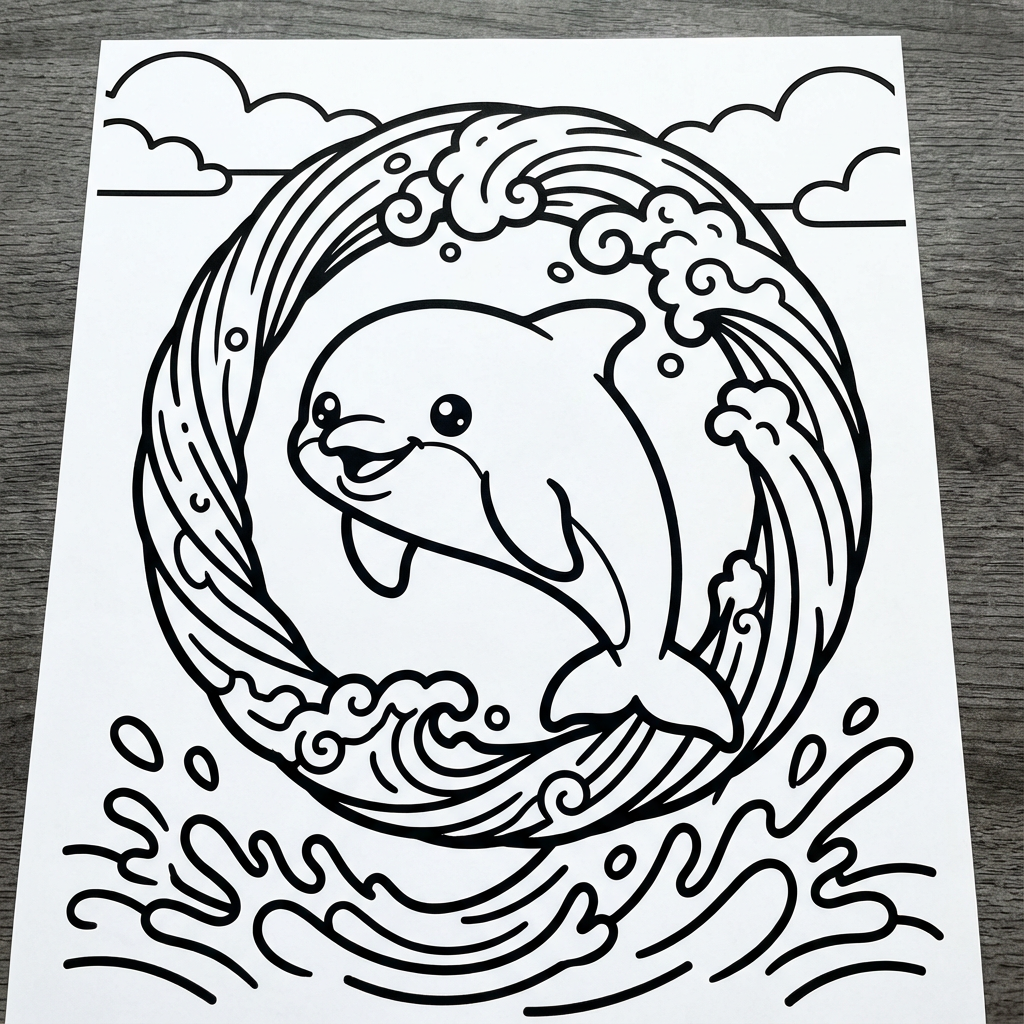 A happy dolphin jumping through a wave in thick line coloring pages, great for stress relief relaxing coloring pages.